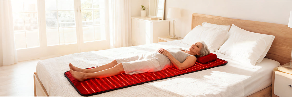 Woman relaxing on red LED light therapy mat for at-home pain relief and skin treatment
