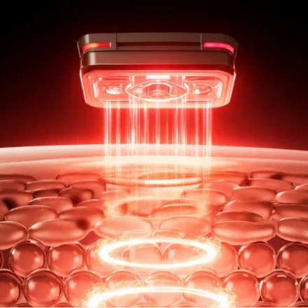 Red LED light therapy device emitting beams onto skin cells for acne and anti-aging treatment