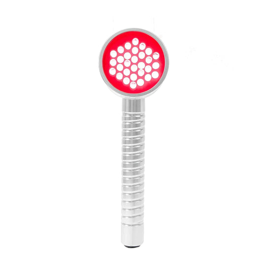 Red LED light therapy device with silver handle for at-home skin treatment